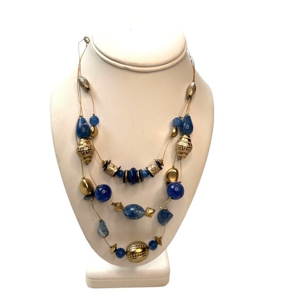 Chicos Gold & Blue Beaded Multi-Strand Necklace With Adjustable Clasp - Picture 1 of 6